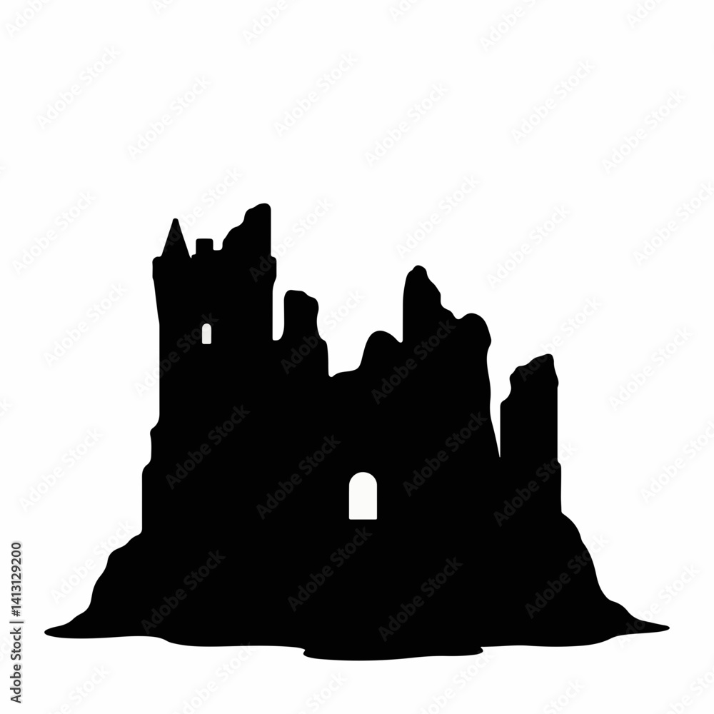 Silhouette of desolate castle ruins on white background, ancient mystery Silhouette of desolate castle ruins on white background, ancient mystery