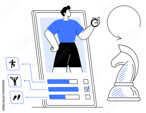 Mobile app with fitness progress bars, activity icons, and a large chess knight symbol. Ideal for motivation, strategy, wellness, fitness, tracking decision-making self-improvement. Flat simple