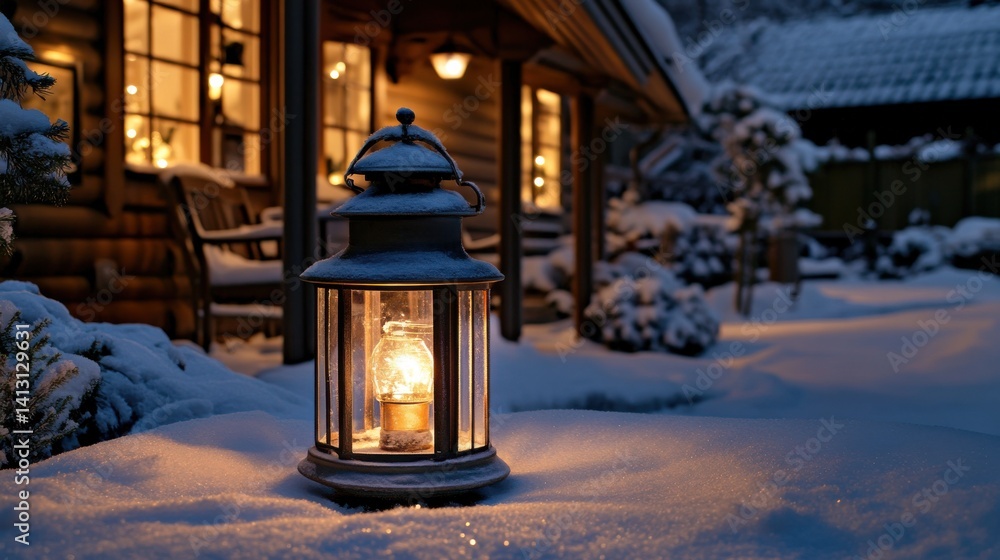 Lantern in Snowy Landscape Illuminating Winter Cabin at Night Lantern in Snowy Landscape Illuminating Winter Cabin at Night