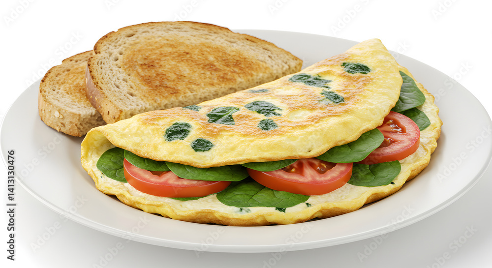 Omelet With Spinach And Tomatoes Served With Golden Slices Of Toast Omelet With Spinach And Tomatoes Served With Golden Slices Of Toast