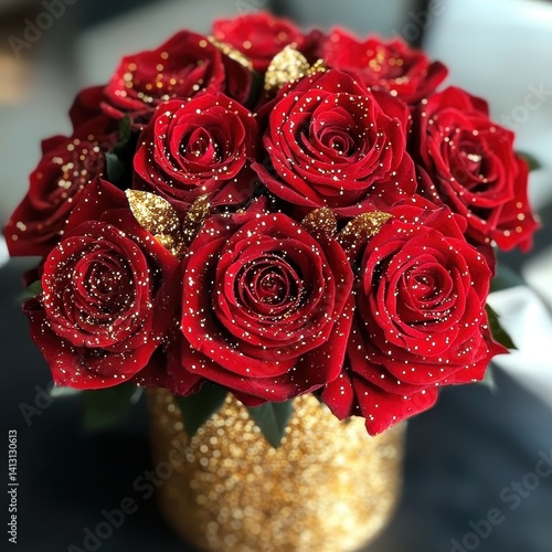 Bouquet of deep red Garden roses with gold glitter accents, arranged in a gold vase, creating a sparkling and festive New Year's display.