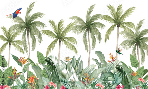 Fototapeta Naklejka Na Ścianę i Meble -  Muted green tropical palm jungle wallpaper mural – lush botanical wall art illustration for calm and stylish interior spaces
