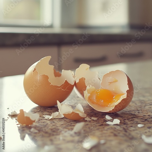 a broken light brown egg with visible yolk on a softly lit kitchen countertop, with a blurred kitchen background.