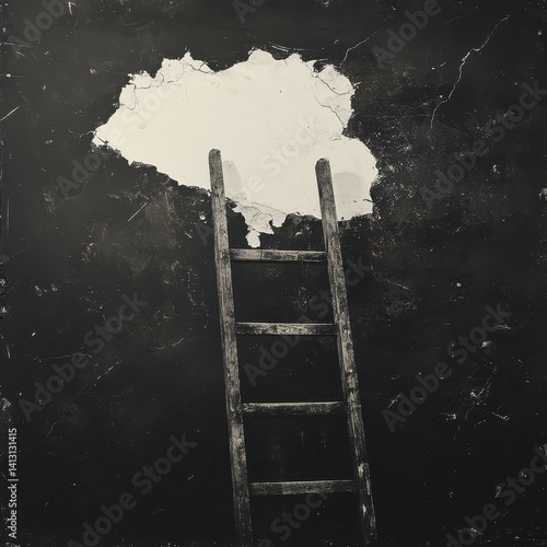 A weathered wooden ladder ascending towards a torn, cloud-like opening in a dark, distressed surface, evoking themes of escape, aspiration, and the contrast between confinement and freedom.
