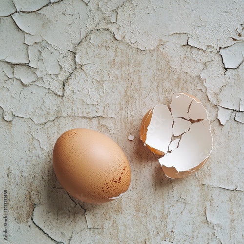 Whole brown egg juxtaposed with shattered eggshell on a flaking, aged surface, highlighting the contrast between wholeness and fragmentation in a rustic setting.