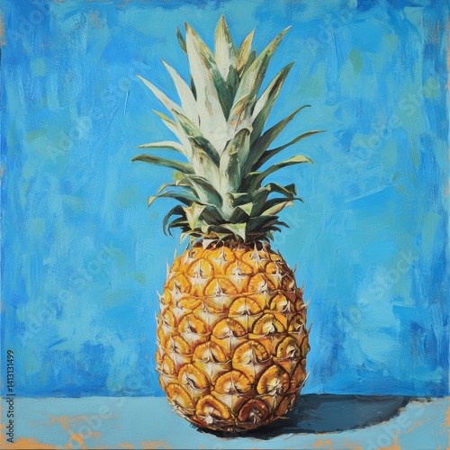 Vibrant Pineapple Against a Bright Blue Background in Artistic Style