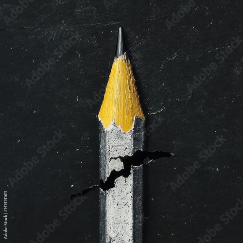 A sharpened pencil with a yellow tip emerging from a crack in a dark, textured surface, portraying creativity breaking through adversity or the power of expression to overcome limitations.