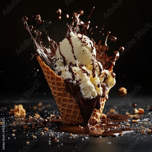 Broken waffle cone, ice cream melting, chocolate drip, dramatic lighting 