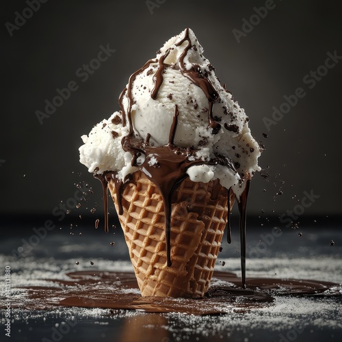 Broken waffle cone, ice cream melting, chocolate drip, dramatic lighting 