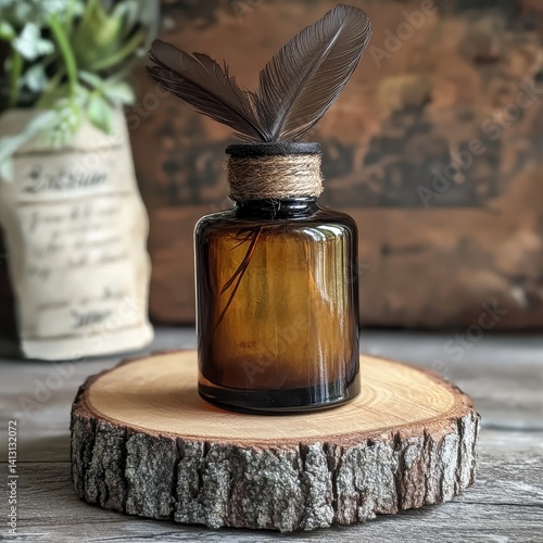 brown ink bottle feather quill wood slice rustic style