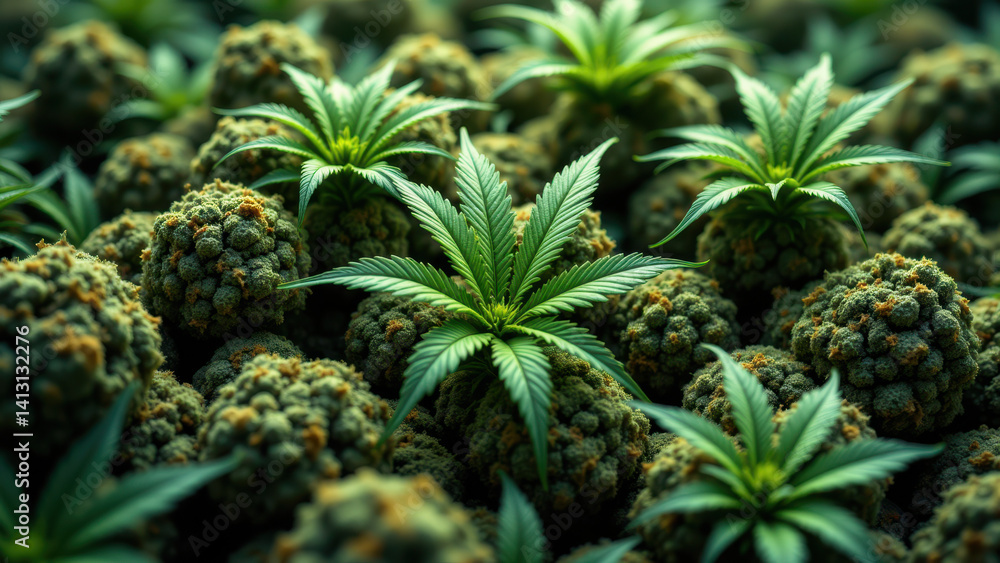 Fototapeta premium Close-up view of a large quantity of THCAs, Tetrahydrocannabinolic acid buds.
