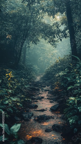 A narrow, rocky stream meandering through a dense, misty forest, illuminated by subtle golden light beneath the foliage, conveying a sense of tranquil mystery and natural solitude.