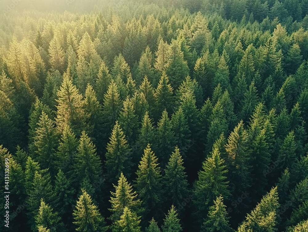 Obraz premium Coniferous Wilderness. A bird's-eye view of dense evergreen forests symbolizes nature’s resilience. Applications: environmental education, wallpaper designs, or eco-tourism promotions.