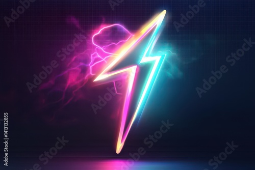 Wallpaper Mural A neon lightning bolt with pink and blue glows against a dark background with lightning effects Torontodigital.ca