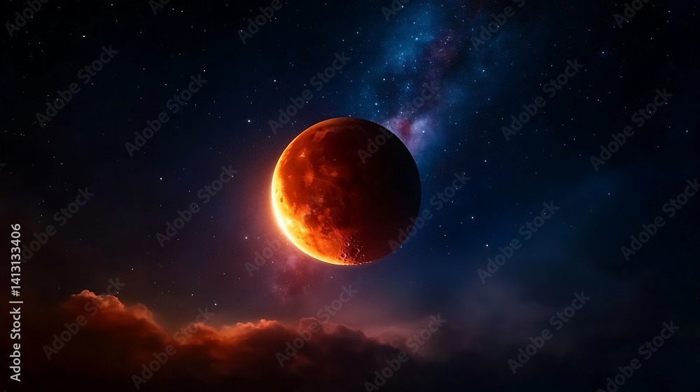 Obraz premium Fiery celestial orb glows amidst cosmic clouds.