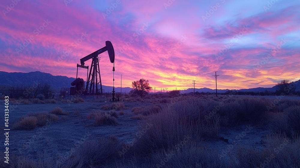 Naklejka premium A sunset over a field with a large oil pump