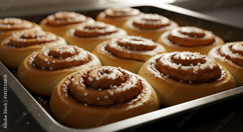 Freshly Baked Cinnamon Rolls On Baking Tray Ready To Eat Freshly Baked Cinnamon Rolls On Baking Tray Ready To Eat