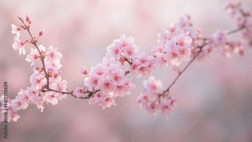 Gorgeous cherry blossom branch with soft pink petals against dark bark glowing under the morning sun symbolizing delicate renewal Gorgeous cherry blossom branch with soft pink petals against dark bark glowing under the morning sun symbolizing delicate renewal