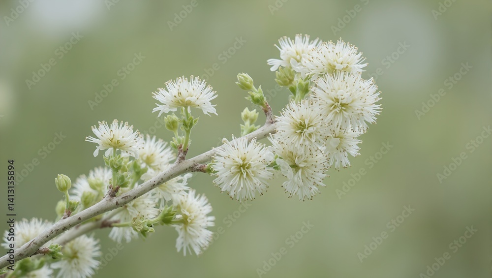 Delicate eucalyptus branch with white flowers in soft light Natures elegance captured in a close up shot Delicate eucalyptus branch with white flowers in soft light Natures elegance captured in a close up shot