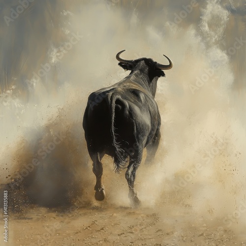 bull from behind charging forward dust cloud dynamic