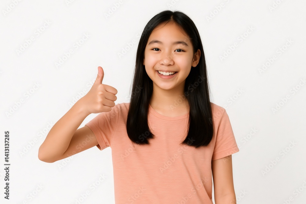 Preteen girl showing thumbs up with cheerful smile, white background isolating positive expression Preteen girl showing thumbs up with cheerful smile, white background isolating positive expression