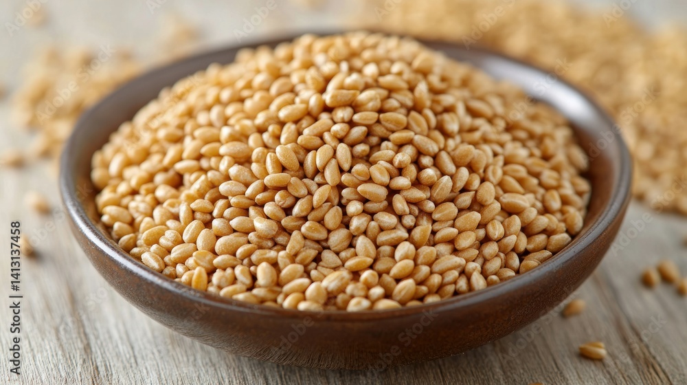 Pile of whole wheat grains in a bowl. Close-up view of nutritious, unprocessed wheat kernels. Healthy food source Pile of whole wheat grains in a bowl. Close-up view of nutritious, unprocessed wheat kernels. Healthy food source