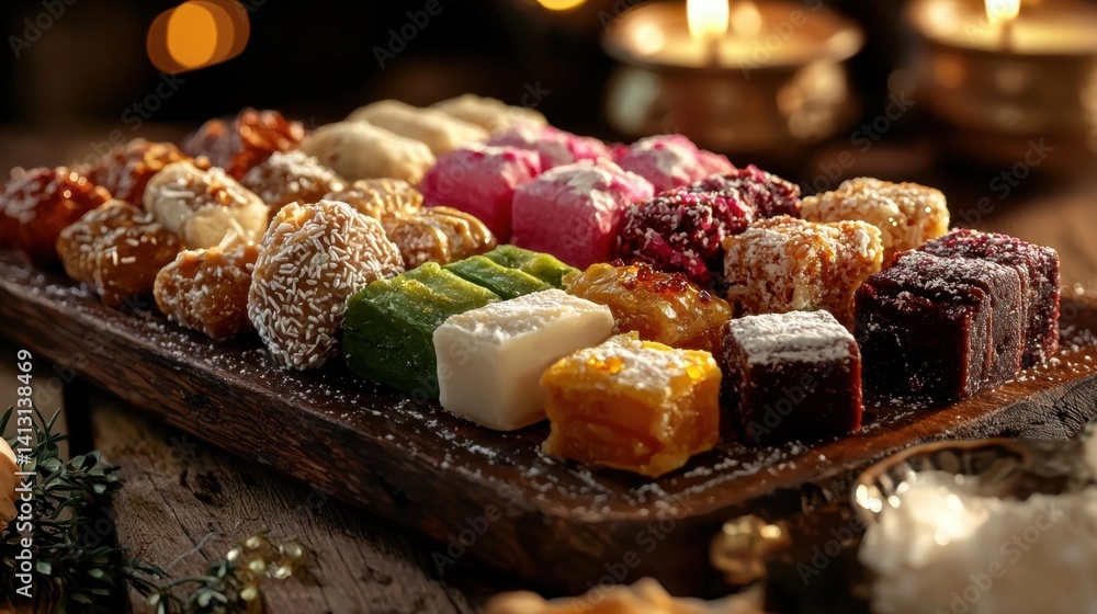 A wooden tray with a variety of colorful candies and pastries A wooden tray with a variety of colorful candies and pastries