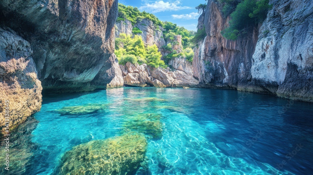 A hidden lagoon with clear blue water, surrounded by towering cliffs --ar 16:9 --v 6.1 Job ID: acaab85b-ba40-4020-b53b-36c7da697955 A hidden lagoon with clear blue water, surrounded by towering cliffs --ar 16:9 --v 6.1 Job ID: acaab85b-ba40-4020-b53b-36c7da697955