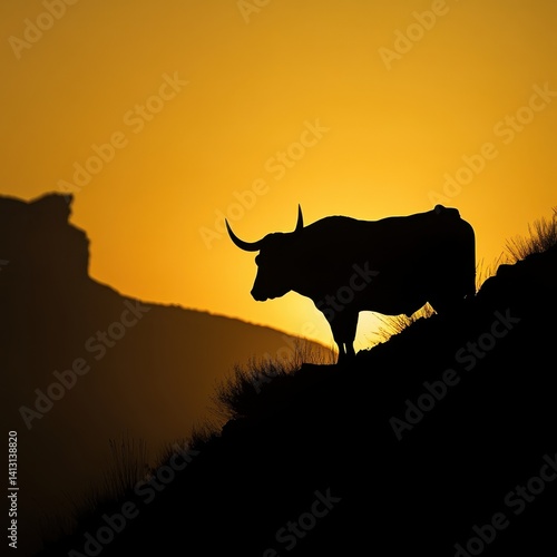 A dramatic silhouette of a bull with curved horns against a golden sunset, standing on a rocky hillside with a silhouetted mountain in the background.