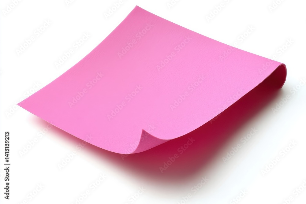 A single pink sticky note with a curled corner isolated on a white surface in a studio setting A single pink sticky note with a curled corner isolated on a white surface in a studio setting