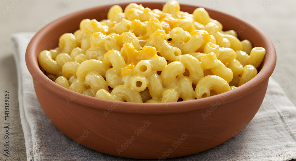 Delicious Mac And Cheese Served In Traditional Bowl On White Tablecloth Delicious Mac And Cheese Served In Traditional Bowl On White Tablecloth