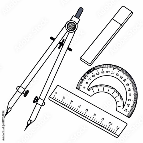 Compass Ruler Protractor And Eraser Tools For Geometry Class Equipment Illustration