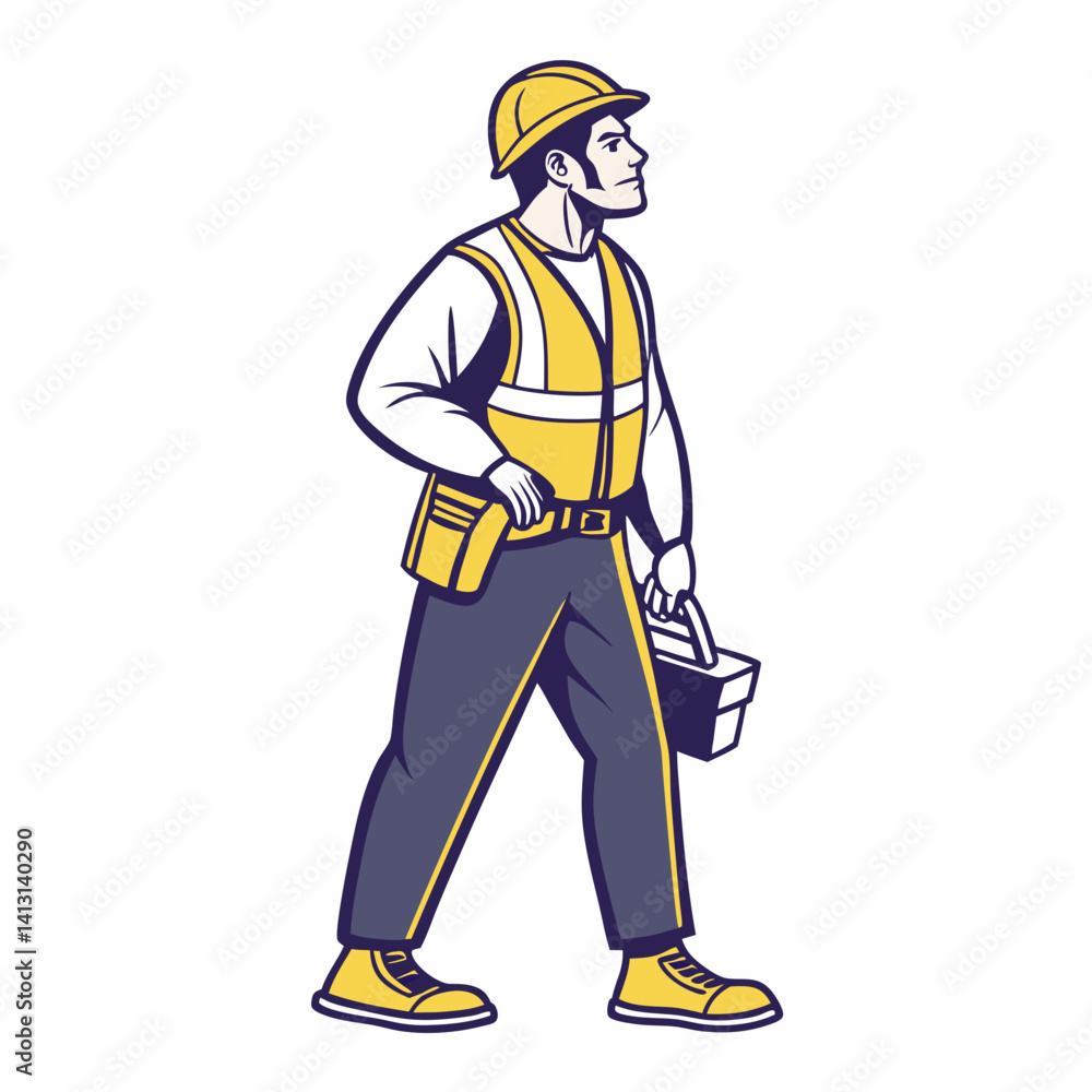 Construction Worker Illustration Wearing Hard Hat Safety Vest And Holding Toolbox Construction Worker Illustration Wearing Hard Hat Safety Vest And Holding Toolbox