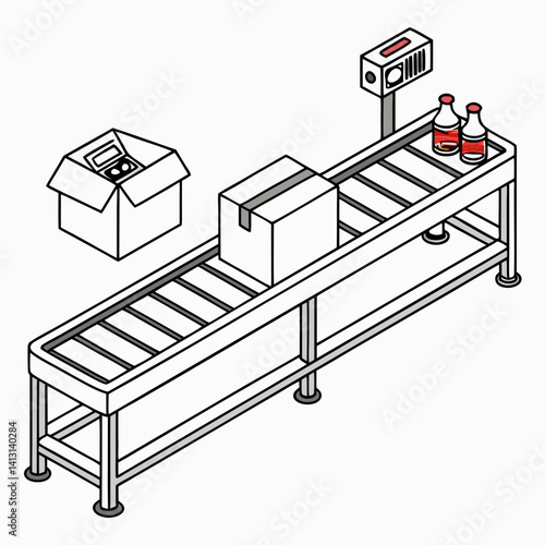 Isometric View Conveyor Belt With Packages And Bottles Illustration
