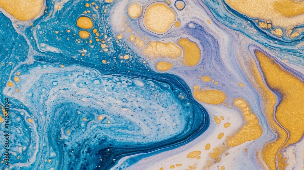 Abstract swirling colours. Fluid acrylic painting with gold flecks