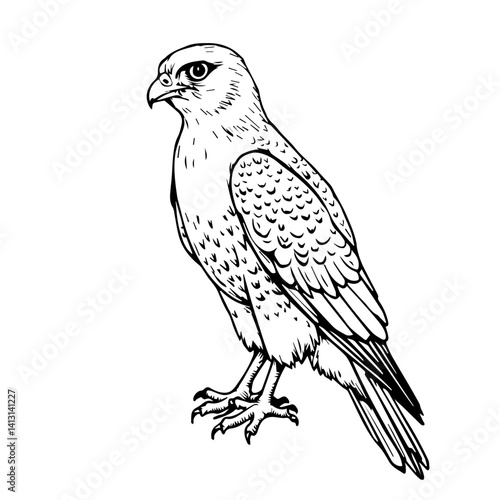 Falcon standing elegantly in intricate black and white illustration  