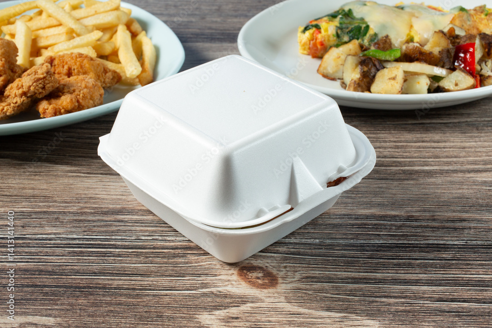 Ταπετσαρία A view of a styrofoam clamshell food container.