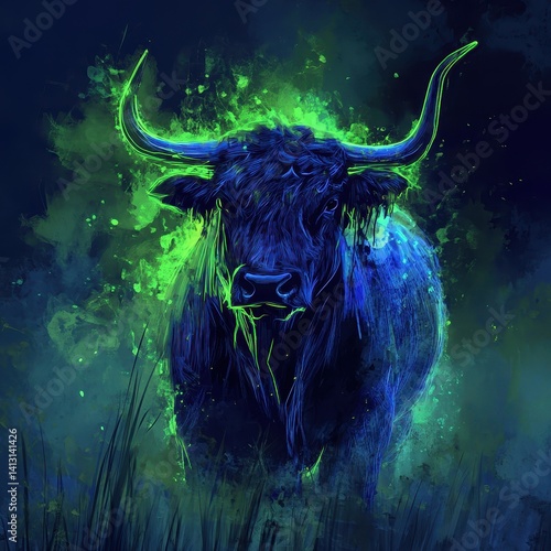 Stylized neon illustration of a bull in vibrant green and blue hues with glowing curved horns, standing against a dark background, emphasizing strength and modern artistic design.