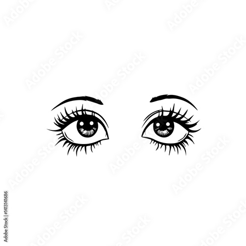 Artistic illustration of eyes with long eyelashes on white background  