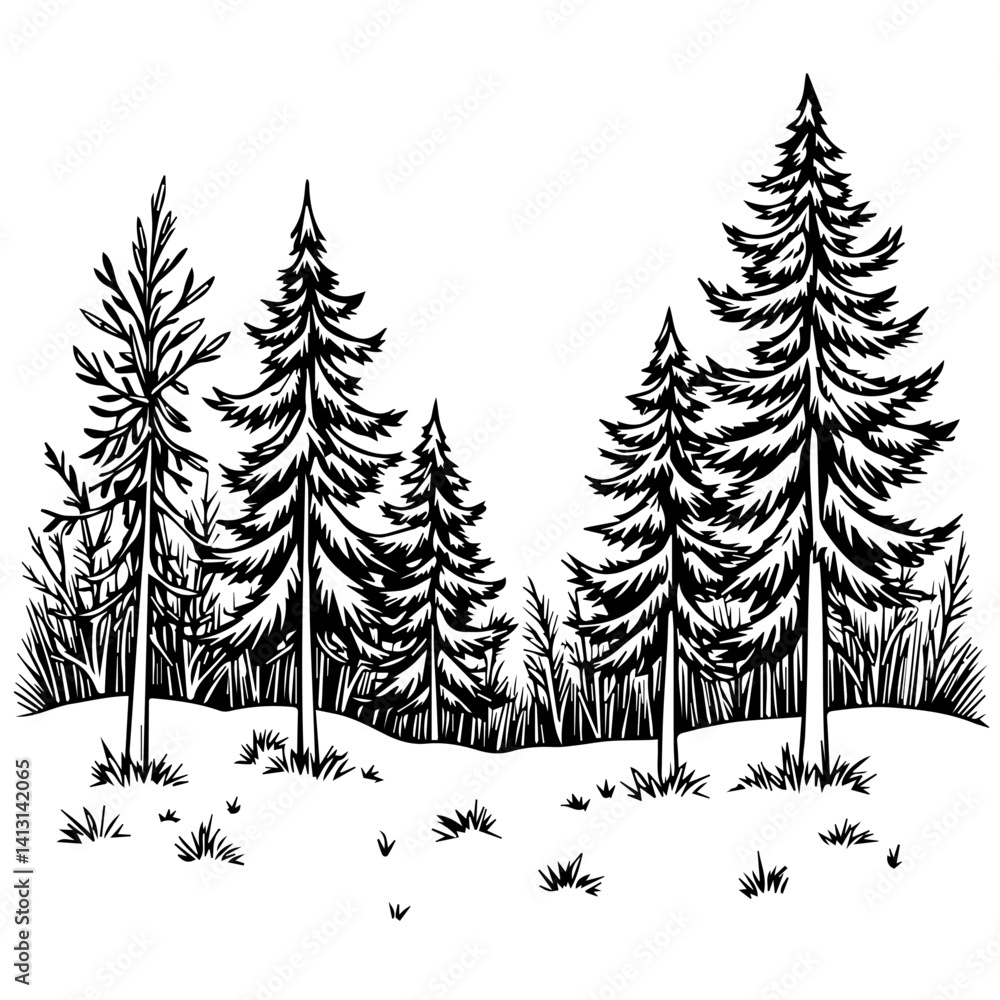 Obraz premium Vintage-style black and white forest illustration with pine trees