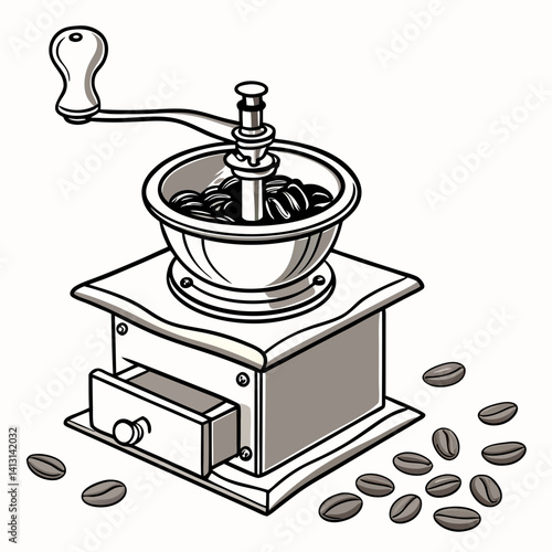 Hand Coffee Grinder With Beans Vector Illustration Vintage Style Isolated