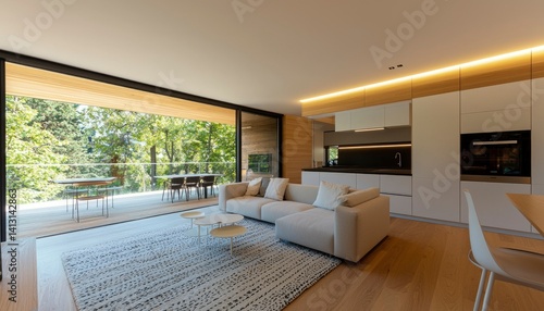 Modern apartment living area with patio view