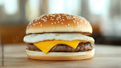 Juicy hamburger with sesame seed bun, melted cheddar cheese, and a fried egg in a contemporary food styling presentation