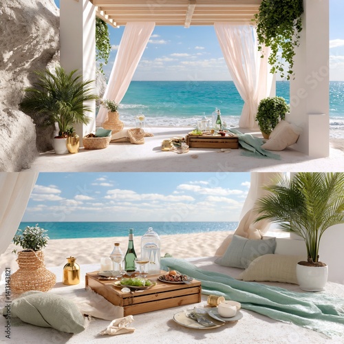 Obraz na płótnie Serene Beachside Picnic Setup with Tropical Decor and Scenic Ocean View Under a Canopy of Greenery w salonie
