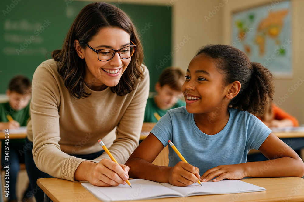 In the image, a teacher is smiling and leaning over a student who is also smiling while writing in a notebook at a desk in a classroom