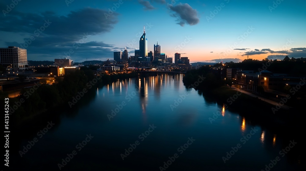 Fototapeta premium Nashville skyline reflected in a tranquil river at dawn.