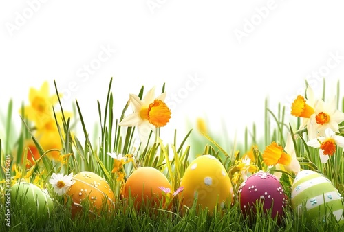 Easter celebration with eggs and daffodils. Represents new life and spring. Applications: holiday cards, festive decor, or Christian-themed content. Symbolizes resurrection, joy, and seasonal renewal.