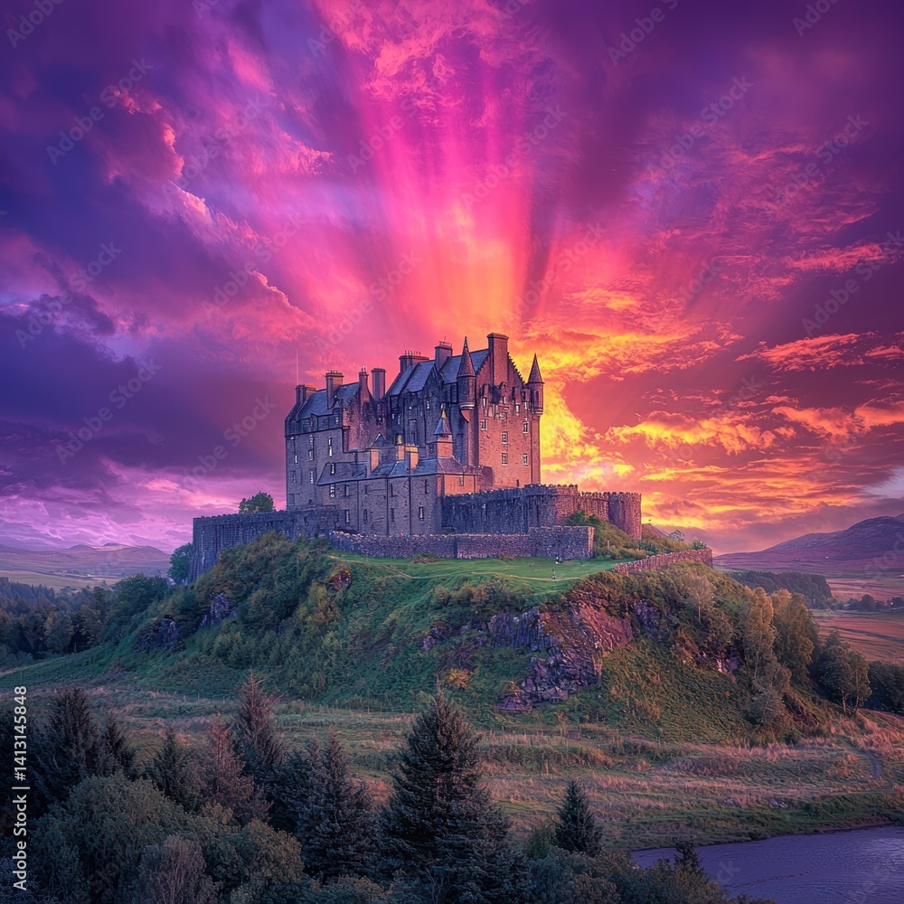 Fototapeta premium Magnificent scottish castle silhouetted against a vibrant sunset sky, nature's spectacle