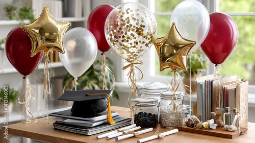 Festive Graduation Celebration with Colorful Balloons, Decorations, and Graduation Cap on a Table