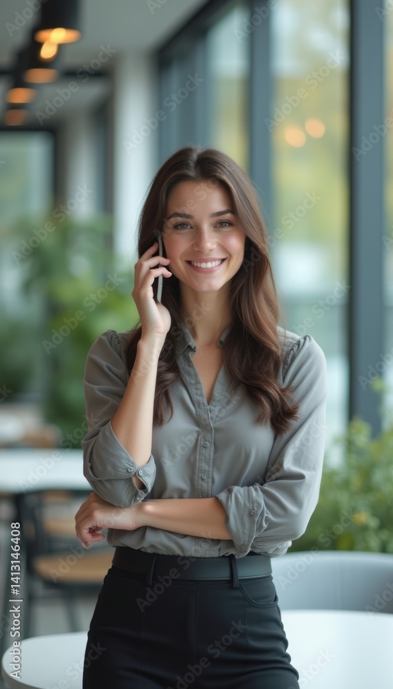 A cheerful young woman with long, flowing hair stands confidently in a stylish café, engaging in a phone conversation. Her warm smile radiates positivity, creating an inviting atmosphere that A cheerful young woman with long, flowing hair stands confidently in a stylish café, engaging in a phone conversation. Her warm smile radiates positivity, creating an inviting atmosphere that